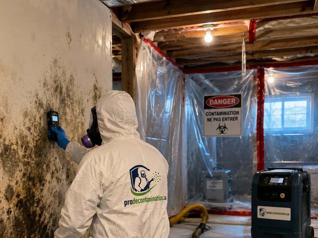 Technicien mesurant un mur de sous-sol atteint de moisissures, zone confinée