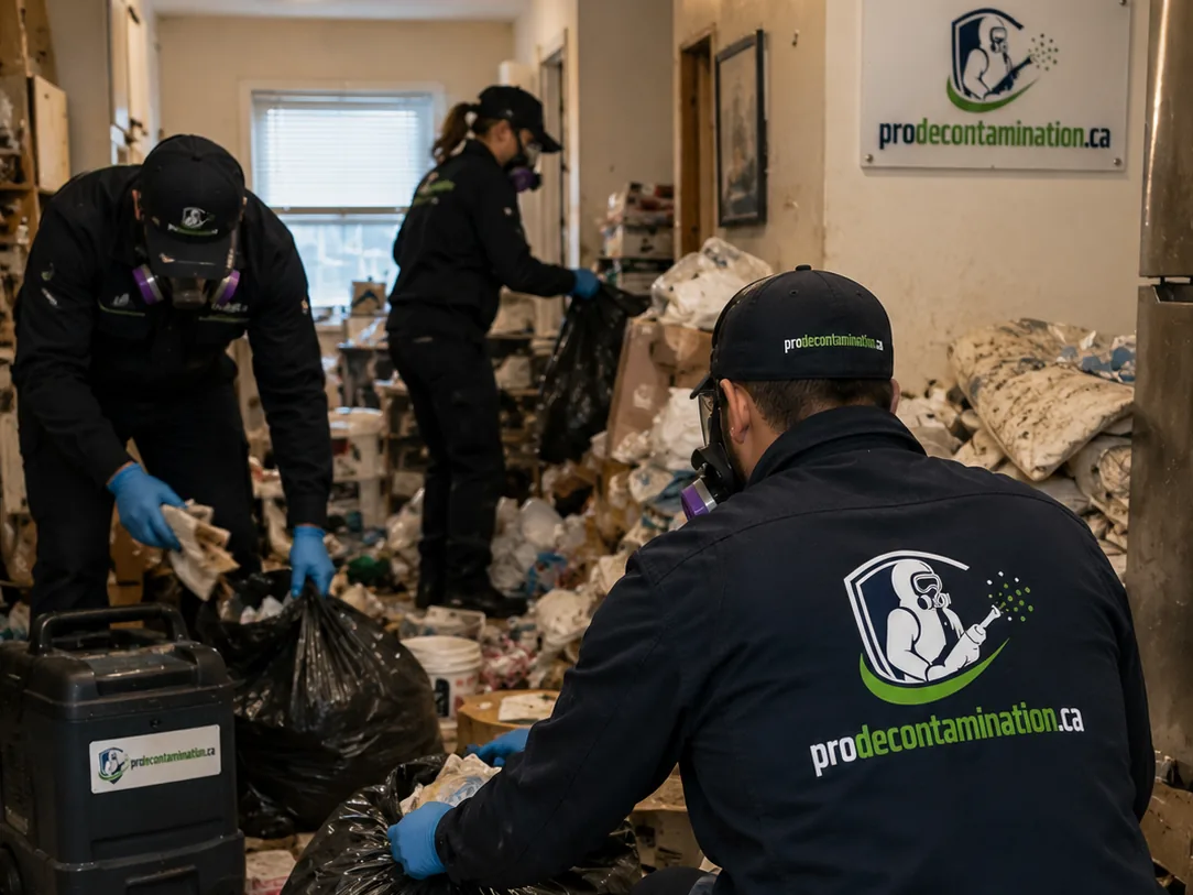 Équipe triant et ensachant des encombrants dans un logement insalubre